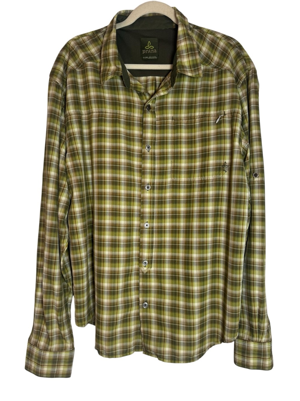 Prana Men's Olive and Khaki Plaid Button-Down XL Shirt